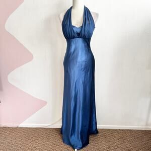 David’s Bridal Blue Satin Halter Gown Maxi Dress Formal Evening Bridesmaid Small
